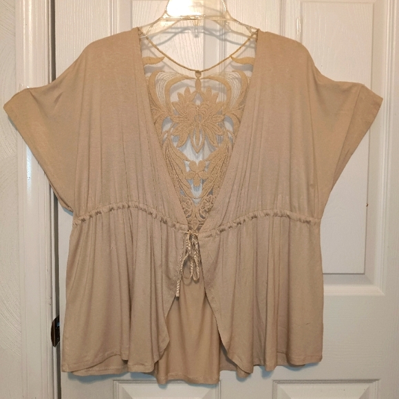 ONE WORLD Sweaters - Cardigan Beige One World Lace Accent(PTP 22 " L 25")